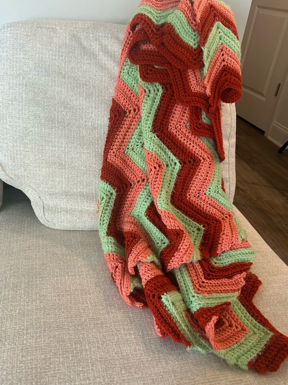 Vintage Handmade Chevron Knit afghan Throw Blanket - Green & Coral